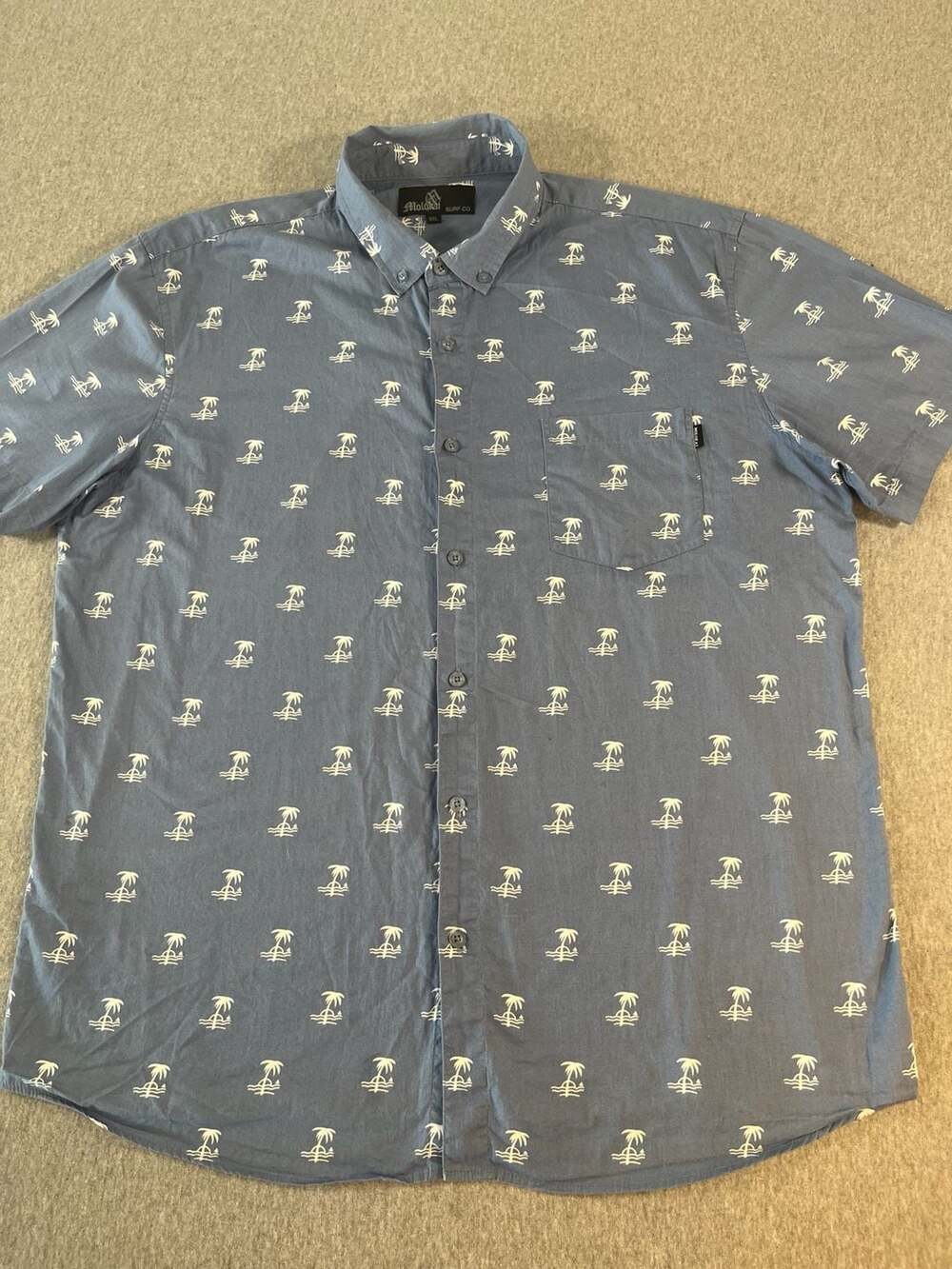 Molokai Surf Co. Blue Palm Tree Print Short Sleeve Cotton Button Down Shirt XXL
